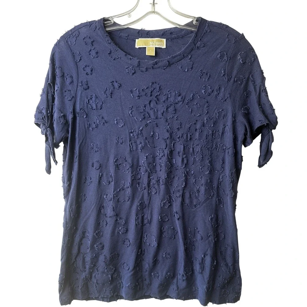 MICHAEL KORS Women Navy Blue Textured Short Sleeve Tie Sleeve T-Shirt Top Size S
